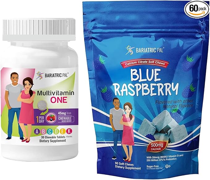 BariatricPal 30-Day Bariatric Vitamin Bundle (Multivitamin ONE 1 per Day! Chewable with 45mg Iron - Mixed Berry and Calcium Citrate Soft Chews 500mg with Probiotics - Blue Raspberry)