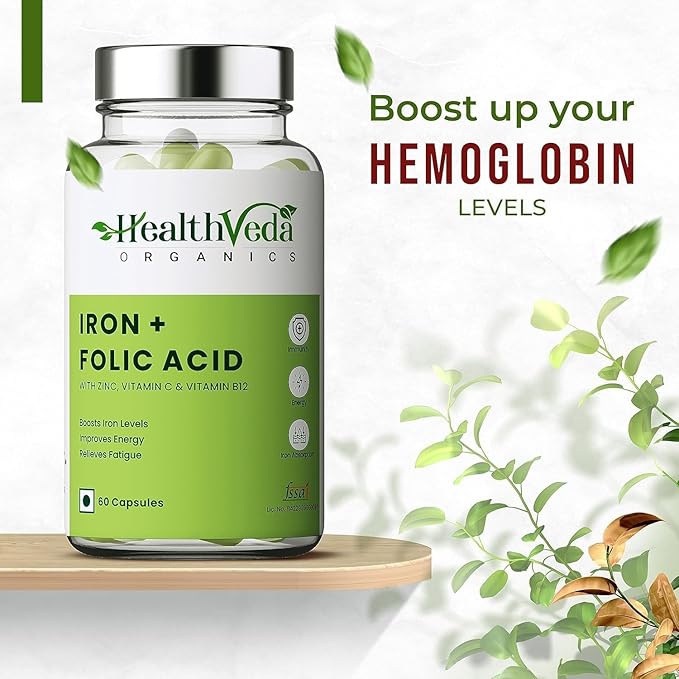 Iron + Folic Acid Supplement with Zinc Vitamin C &amp Vitamin B12 | 60 Veg Capsules | SupportsImmunity and Energy | Enhances Iron Absorption| for Both Men &amp Women