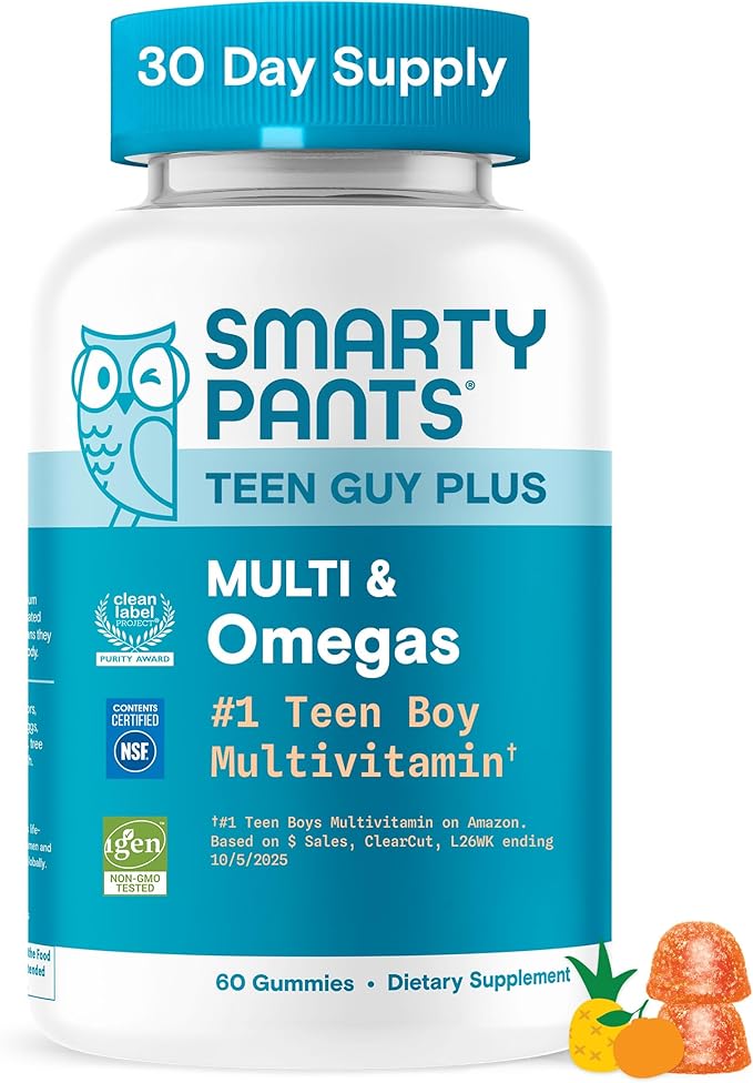 SmartyPants Teen Guy Multivitamin Gummies Omega 3 (DHA/EPA) Vitamin D3 C Vitamin B12 B6 A K &amp Zinc Folate Gluten Free Fruit Flavor 60 Count (30 Day Supply)