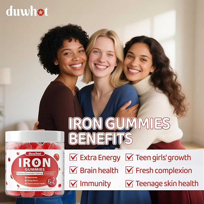 Iron Gummies for Women Teen Girls Ferrous Gluconate 324 mg with Vitamin C Iron Supplement Plus Vitamin A B Folate Copper Zinc Energy &amp Blood Support Immune Health Sugar Free 60 Gummies