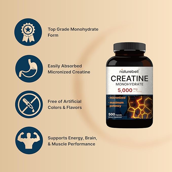 NatureBell Creatine Monohydrate Capsules 5000mg Per Serving 500 Count | Micronized Unflavored Creatine Pills | Pre-Workout &amp Muscle Strength Support | Easy to Swallow Filler-Free | 71 Servings