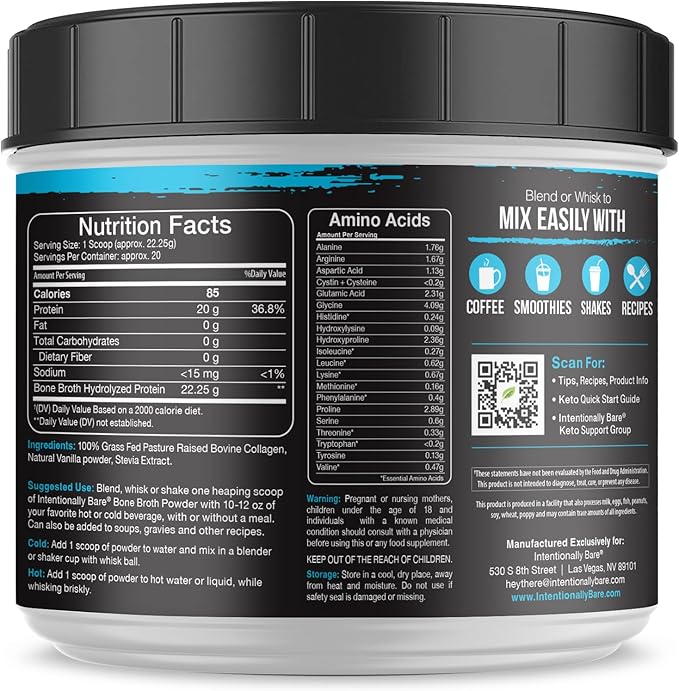 Intentionally Bare Bone Broth Protein Powder Vanilla - Grass Fed Protein Powder with Multi Collagen Peptides Type 1 2 and 3 - Dairy Free Bone Broth Powder for Skin Gut and Joint - 20 Servings