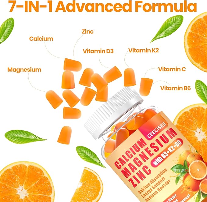 Calcium Magnesium Zinc Gummies with D3 &ampB6 &ampK21000mg Calcium Gummies with 300mg Magnesium Support Immune Energy for Adults and TeensSugar Free(120Count)