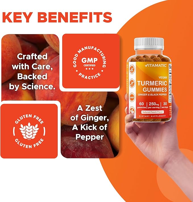 Vitamatic Turmeric Gummy with Ginger &amp Black Pepper Extract – 60 Vegan Gummies Each | 2 Pack (120 Gummies) 95% Curcuminoids – Powerful Antioxidant &amp Inflammatory Support