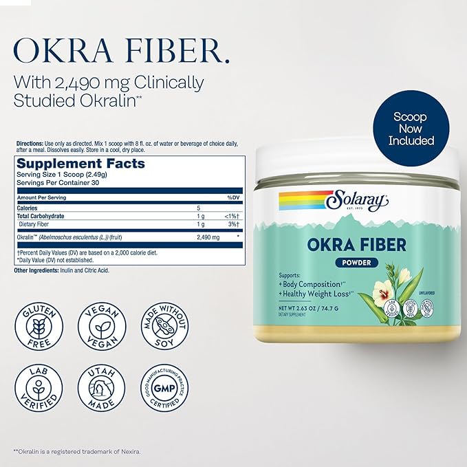 SOLARAY Okra Fiber Powder and Super Digestaway - Soluble Fiber Supplement and Digestive Enzymes Bundle - Support Body Composition Digestion and Gut Health - w/Ginger Papaya Betaine HCl 30/90 Serv