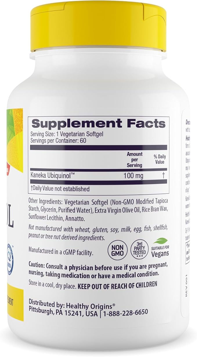 Healthy Origins Vegan Ubiquinol (Active Form of CoQ10) 100 mg - Kaneka Ubiquinol Supplements for Heart Health &amp Antioxidant Support - Gluten-Free &amp Non-GMO Supplement - 60 Veggie Gels