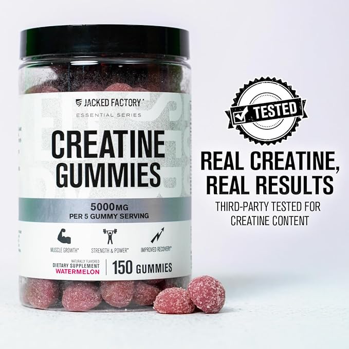 Jacked Factory Creatine Monohydrate Gummies 5g Daily Dose (1g per Gummy) - Creatine Gummy for Men and Women Vegan-Friendly Travel-Friendly Third-Party Tested - 150 Gummies Watermelon