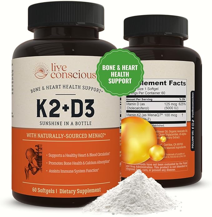 Live Conscious Vitamin K2 MK7 with D3 Supplement | Bone &amp Heart Health Support - Patented Vitamin K &amp Vitamin D3 5000 IU - 60 Softgels