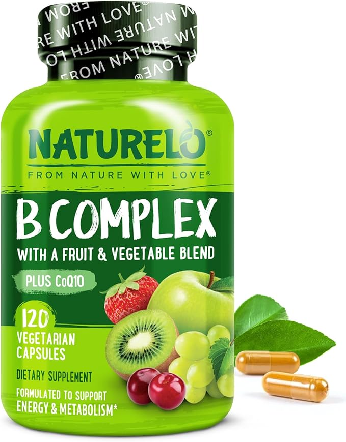 NATURELO Vitamin B Complex120 Capsules Vegan CoQ10 Methyl Folate Biotin Fruit &amp Veg Blend Supports Energy and Healthy Stress Response Super B Complex Vitamins for Women and Men
