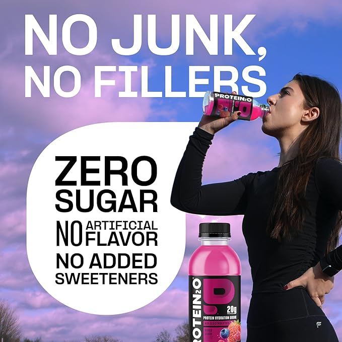 Protein2o Hydration Drink - 2-in-1 Liquid Clear Whey Protein Isolate and Electrolyte Drink - 20g Protein Vitamins B5 B6 - Post-Workout Recovery - 16.9 Fl Oz - 12 Count Mixed Berry