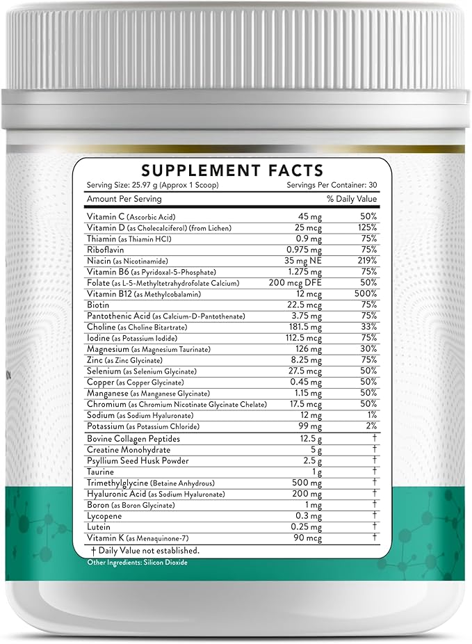 Collagen Peptides + Creatine Monohydrate + Psyllium Husk + Taurine + TMG + Hyaluronic Acid + MultiVitamin &amp Mineral (30 Servings Unflavored)