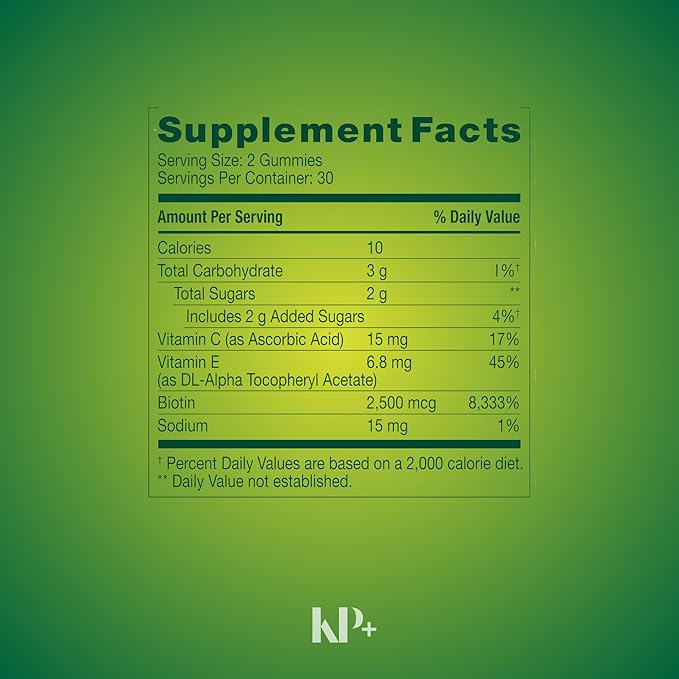 KP+ Hair Skin &amp Nails Biotin 2500 mcg | Adult Gummy Vitamins | Supports Healthy Hair Glowing Skin &amp Strong Nails | Strawberry Flavor | 60 Vegetarian Gummies | Non-GMO* | Pack of 2