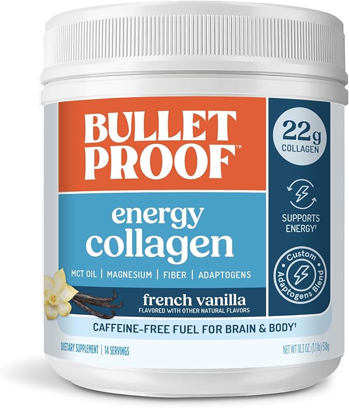Bulletproof Energy Collagen Protein Powder Vanilla Bean 20g Grass-Fed Collagen Peptides 7g Fiber with MCT Oil &amp Adaptogens Caffeine-Free 18.3 Ounces