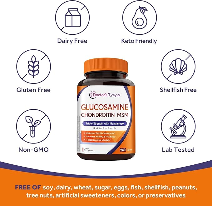 Doctor's Recipes Glucosamine Chondroitin MSM and Manganese Supplement 1800 mg Glucosamine HCl NO Shellfish Healthy Structure &amp Movements Flexibility Support for Men &amp Women 240 Tablets