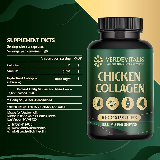 Chicken Collagen Type ii Capsules -Nutritional Supplement for Joint Skin &amp Bone Support-Non-GMO Anti-Aging Supplements with Hydrolyzed Collagen Peptides - 100 Capsules