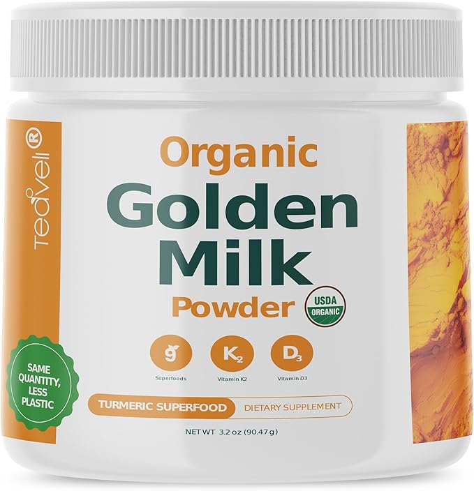 Organic Golden Milk Powder with Vitamins D3 &amp K2 Turmeric Ginger Curcumin Cinnamon KSM66 Ashwagandha Holy Basil &amp Natural Prebiotics– Delicious Unsweetened Turmeric Tea Latte- 30 Serving