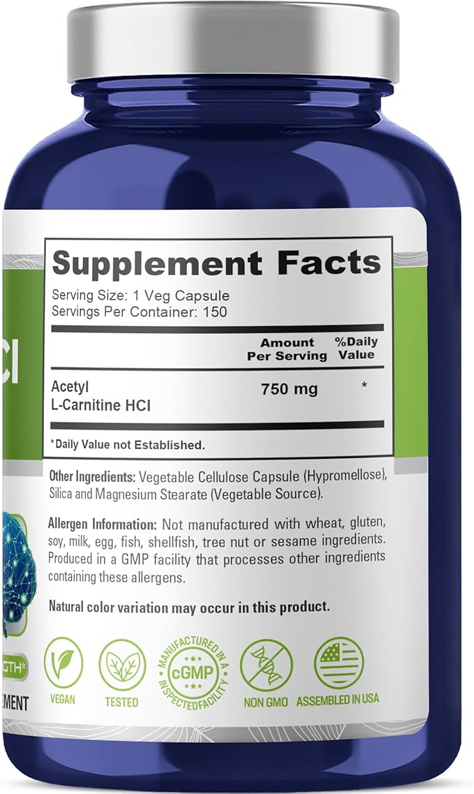 NusaPure Acetyl L-Carnitine 750mg per Caps 150 Veggie Capsules (Non-GMO Vegan) High Potency Acetyl L Carnitine HCL (ALCAR)
