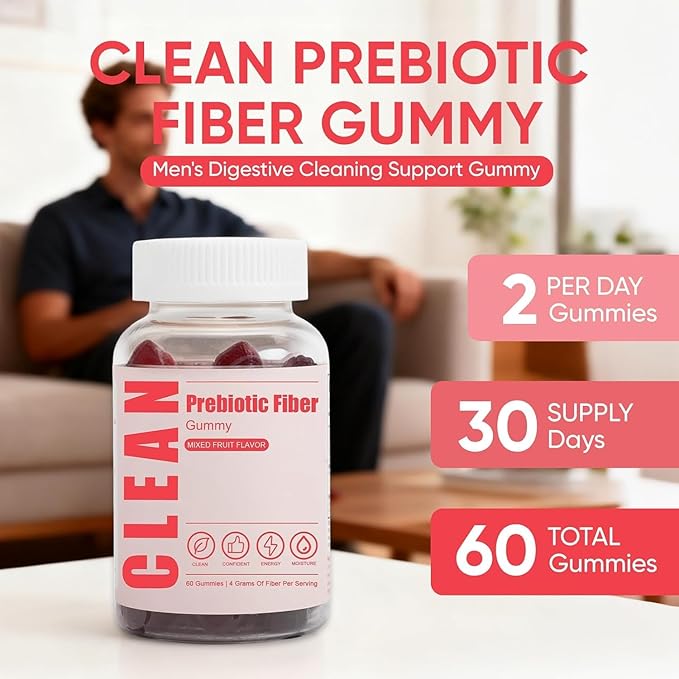 Clean Prebiotic Fiber Gummy Clean Fiber Gummies for Men Men Prebiotic Supplement for Digestive Gut Health Non-GMO 60 Gummies / 4g Fibers Per Serving