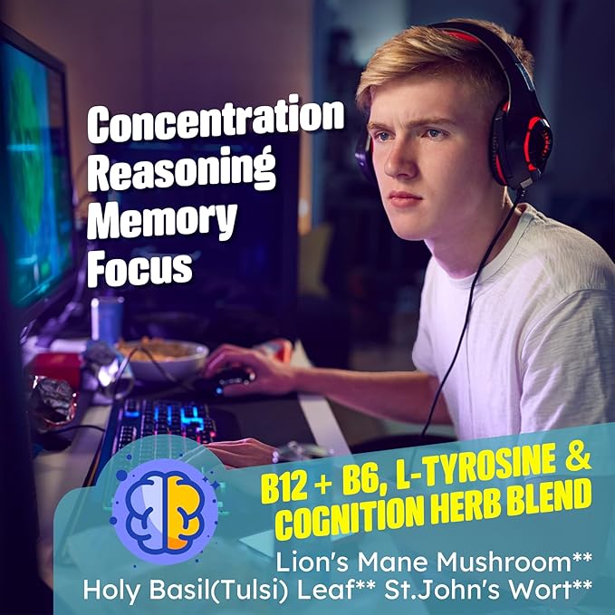 Focus Memory &amp Energy Gummies L-Tyrosine + Methyl B12 1000mcg B6 50mg D3 C Lion's Mane Mushroom for 15+ Students Office Worker Multivitamin Herb Blend for Seniors Brain &amp Cognition 1