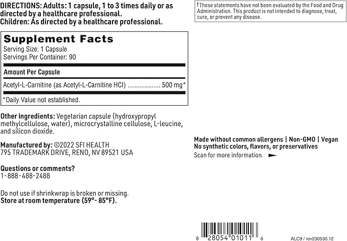 Klaire Labs SFI Health Acetyl-L-Carnitine 500 mg - Hypoallergenic Acetyl L-Carnitine Supplement - Promotes Cognitive Health Energy Production &amp Brain Support (90 Capsules)