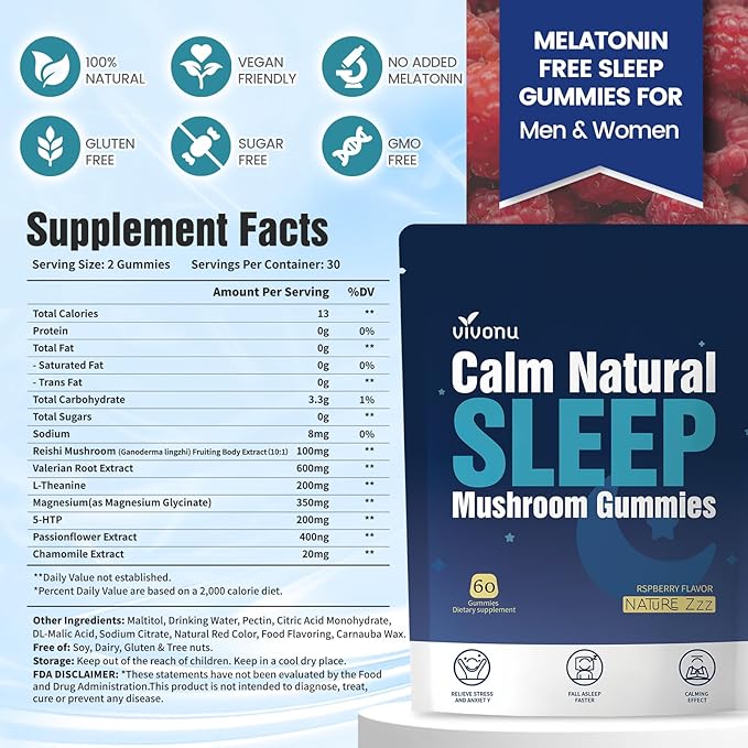 VivoNu Melatonin Free Sleep Gummies with L-Theanine Magnesium Reishi Mushroom | Non-Habit Forming Sleep Aid | Non-GMO Sleep Support Gummy for Women &amp Men | Raspberry Flavor