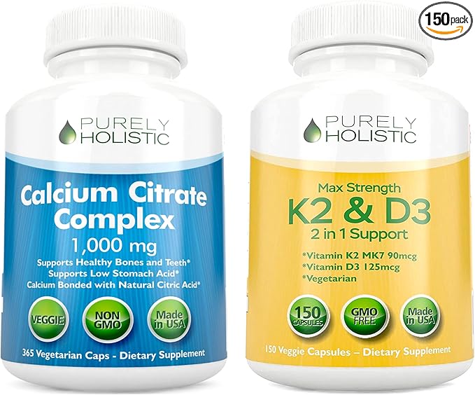 Purely Holistic Calcium Citrate Complex 1000mg + Vitamin D3 125mcg K2 MK7 90mcg - 365 Vegan Capsules + 150 Vegetarian Capsules Bundle - Made in USA