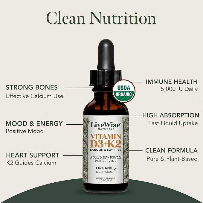 Vegan D3 K2 Vitamin 5000 IU 90 MCG (MK-7) Drops - 60 Servings Ultra Concentrated Formulation and Fast Absorption - Precision Micro-Dosing Dropper for Cognitive &amp Immune Support