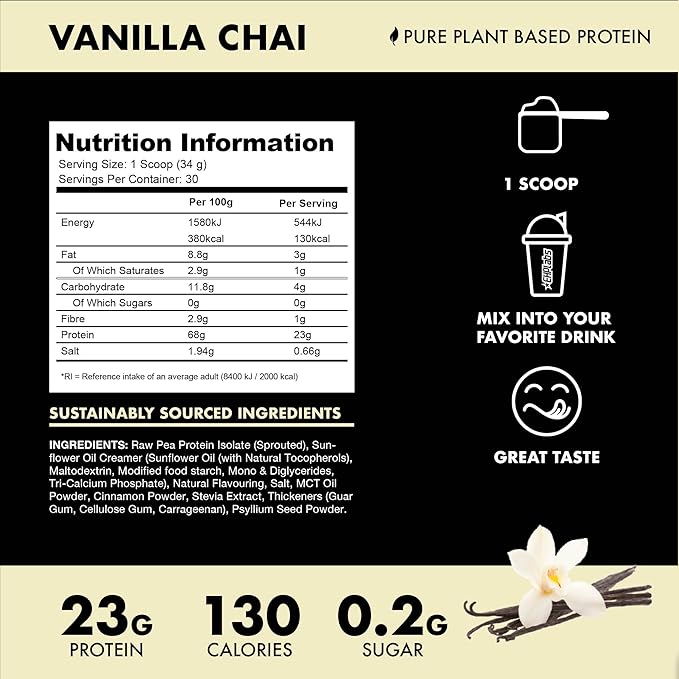 Blessed Vegan Protein Powder - Plant Based Protein Powder Meal Replacement Protein Shake 23g of Pea Protein Powder Dairy Free Gluten Free Soy Free No Sugar Added 30 Servings (Vanilla Chai)