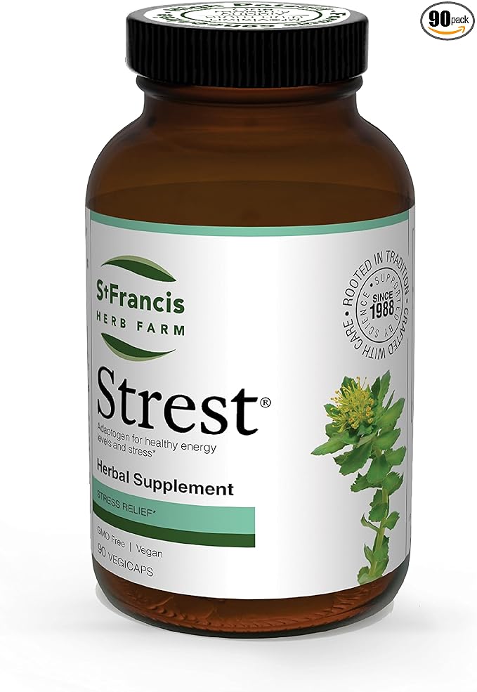 St. Francis Herb Farm Strest® Capsules (5:1 Powder Extract) Stress Relief Supplements 90 Capsules | One-Month Supply Organic Herbs Ashwagandha Holy Basil Rhodiola Siberian Ginseng Oat Schisandra