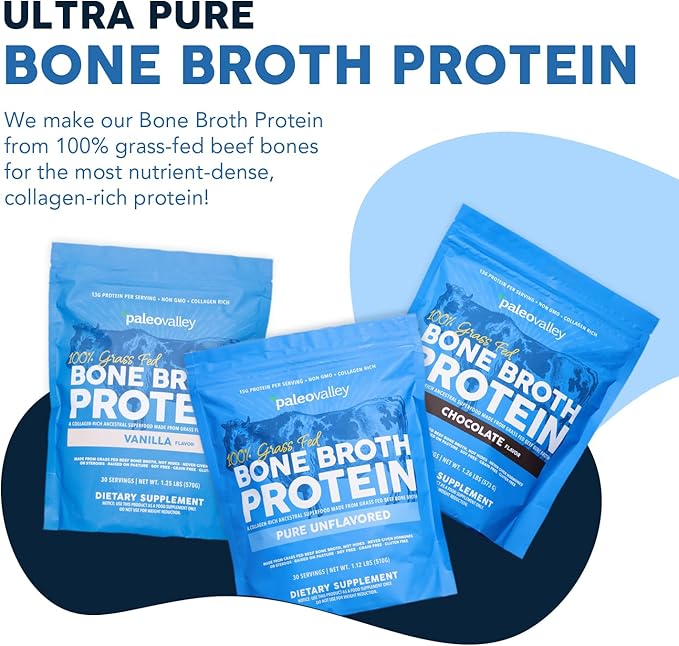 Paleovalley 100% Grass Fed Beef Bone Broth Protein Powder - Rich in Collagen Peptides for Hair Skin Gut Health Bone and Joint Support - 13g Protein Per Serving - No Gluten or GMOs - Chocolate