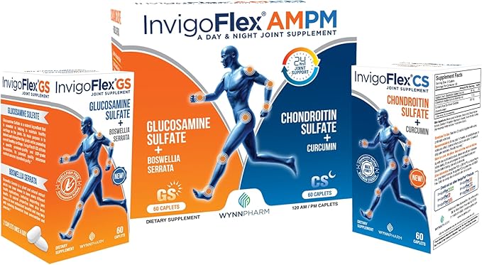 INVIGOFLEX® AMPM - Glucosamine &amp Chondroitin Sulfate - Turmeric Curcumin - Boswellia Serrata (Non GMO) for Knees Hands Back and Hip 24 - Hour Premium Joint Supplement
