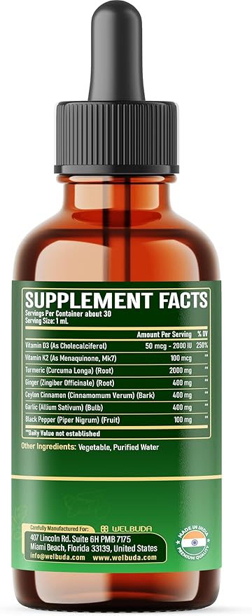 7in1 Liquid Turmeric Curcumin with Vitamin D3 Vitamin K2 Ginger Ceylon Cinnamon Garlic Black Pepper - Drops Extract - 2 Packs of 30ml - 2 Month Supply