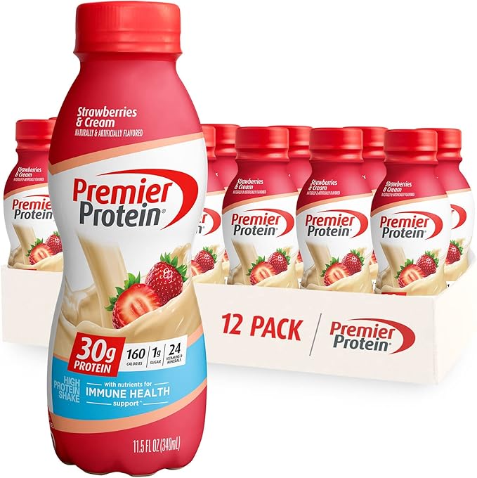 Premier Protein Shake MINIs Vanilla 22g Protein 120 Calories Pack of 12 &amp Strawberries Premier Protein Shake 30g Protein 160 Calories Pack of 12