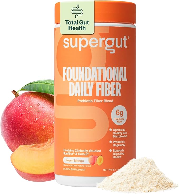 Supergut Foundational Daily Fiber Powder Sugar Free &amp Vegan Prebiotic Fiber Blend for Gut Health &amp Digestive Support Supplement for Men &amp Women with Solnul &amp Sunfiber Peach Mango 1