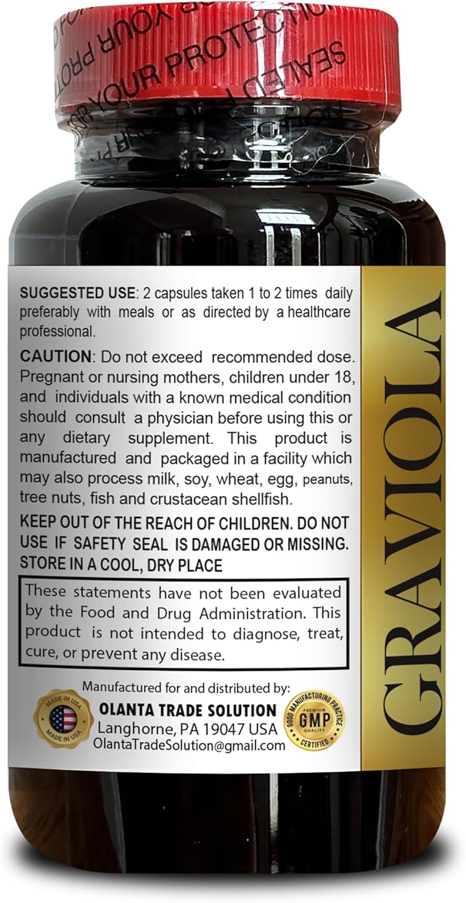 Soursop Graviola Extract Capsules - GMP-Certified Supplements - Pure &amp Natural Herbal Formula - Non-GMO Gluten-Free - Digestion Support - 1 Bottle 100 Capsules