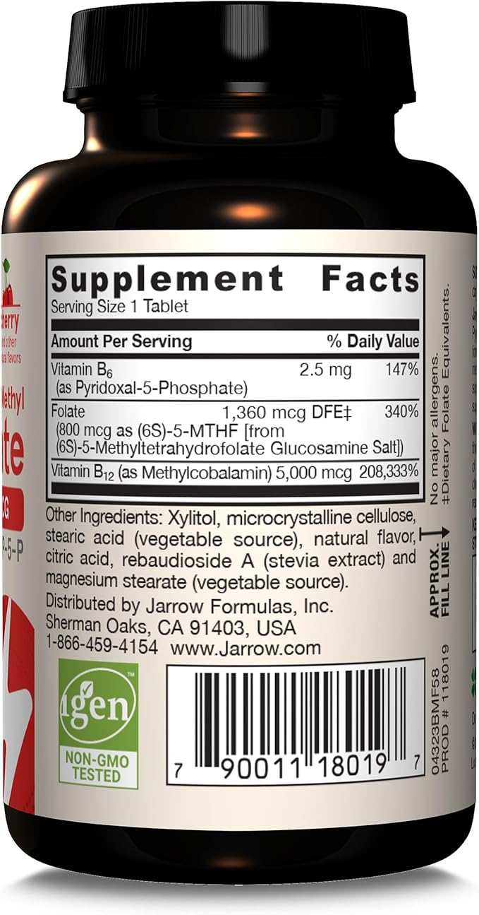 Jarrow Formulas Methyl B-12 &amp Methyl Folate Bioactive Vitamin B9 and Vitamin B12 Supplement Supports Cellular Energy Production Healthy Brain Function &amp Metabolism 60 Chewable Tablets 60