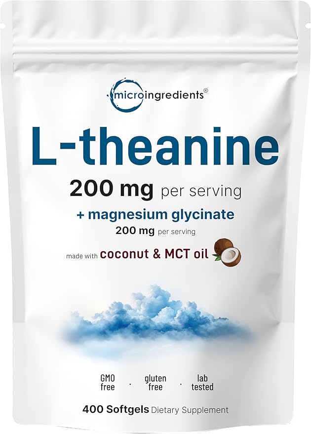 Micro Ingredients 8-in-1 Multi Collagen Capsules &amp L-Theanine 200mg with Magnesium Glycinate Softgels | Grass-Fed Collagen Peptides | Amino Acid &amp Mineral Complex Bundle 2 Pack