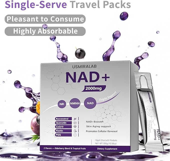 NAD+ Supplement Packets | 1000mg Liquid | Advanced Nicotinamide Riboside Trans-Resveratrol PQQ &amp Quercetin Complex for Cellular Energy &amp Healthy Aging Support - 2 Flavors (30 Count)