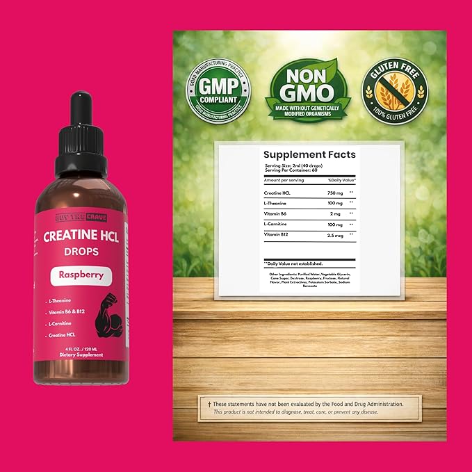 Creatine HCL Liquid Drops for Men &amp Women - 2ml Per Serving L-Theanine Vitamin B12 &amp B6 L-Carnitine - High Absorption 4 Fl Oz (120ml) (4 FL OZ Raspberry)