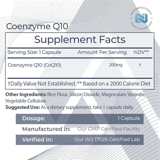 Nootropics Depot CoEnzyme Q10 Capsules | 200mg | Ubiquinone | 60 Count | Energy Cognitive &amp Cellular Function