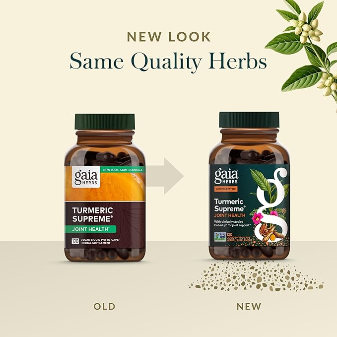 Gaia Herbs Turmeric Supreme Joint Health - Joint Support Supplement with Cucumber Quercetin Black Pepper Ginger Root Curcuminoids &amp More* - 120 Liquid Phyto-Caps (60 Servings)