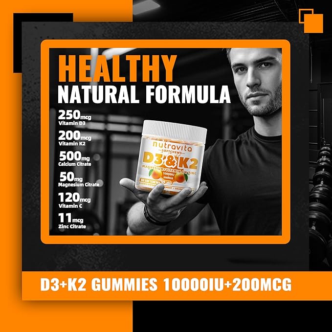 Nutravita Sugar-Free Vitamin D3 K2 Chews with Calcium + K2 (MK-7) Magnesium Citrate Vitamin C Extra Strength - Ultimate Absorption for Bone Muscle Teeth Immune Vegan - 60 Count-Orange Flavor