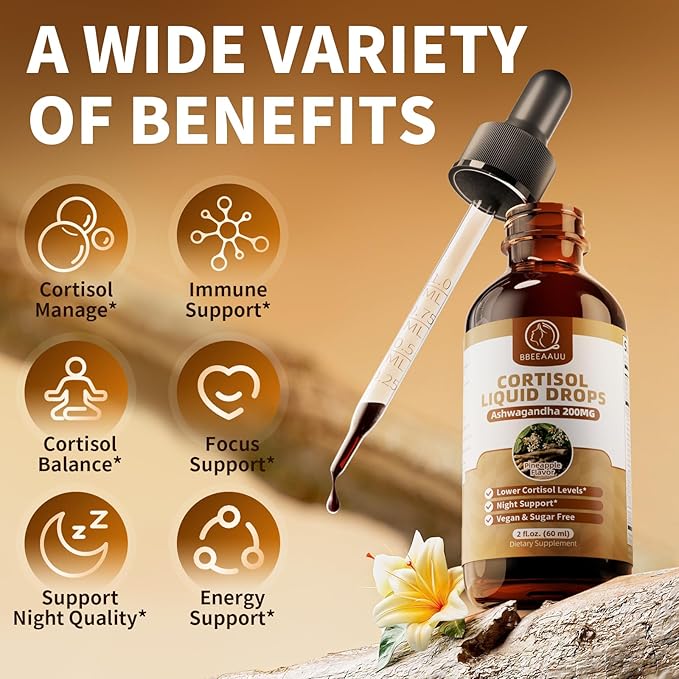 Cortisol Supplements for Women &amp Men with 200mg Ashwagandha L-Theanine &amp Phosphatidylserine 21-in-1 Cortisol Manager Reducer Liquid Drops Support Night Focus &amp Energy Pineapple 60ml