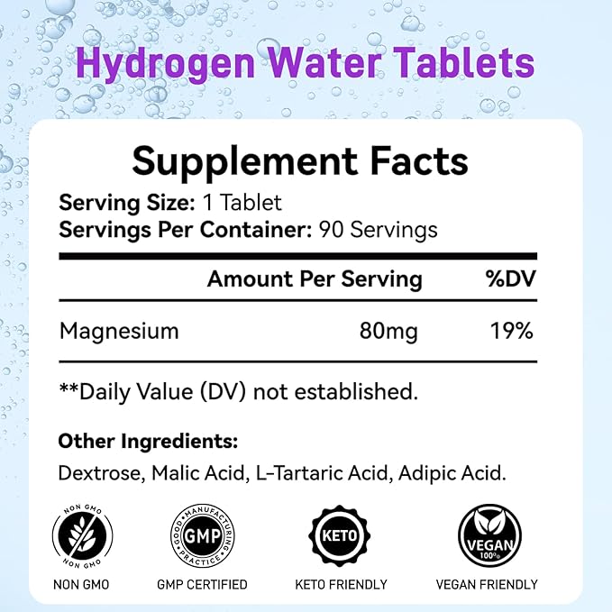 Hydrogen Water Tablets 8 PPM Hydrogen Tablets for Drinking Water with Magnesium Glycinate Base H2 Molecular Hydrogen Rich in Antioxidants Cognitive &amp Athletic Performance Energy (90 Counts)