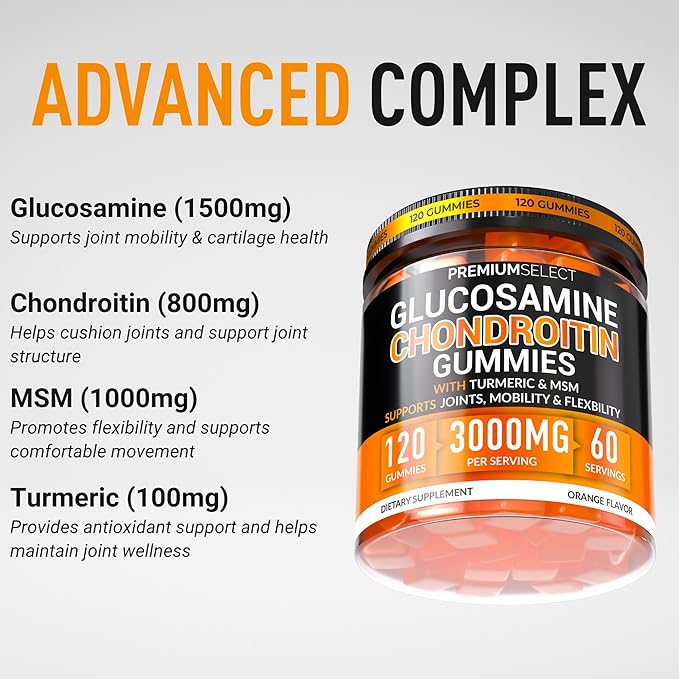 Glucosamine Chondroitin Gummies for Joint Support – 120 Glucosamine Gummies Extra Strength 3000mg with MSM Turmeric Calcium Vitamin D3 – Sugar Free Vegan Adults Supplement – Flexibility &amp Mobil