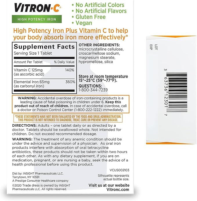 Vitron-C High Potency Iron Supplement with Vitamin C Pack of 3 (180 Count Total)