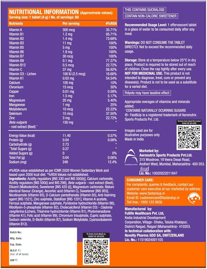Fast &amp Up Vitalize Multivitamin Supplement - One Daily - 21 Vitamins and Minerals - Natural Beetroot Extract for Men and Women - 60 Effervescent Tablets - Orange Flavour