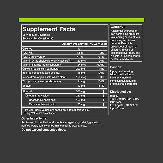 Hippo7 Vegan Complete Multivitamin Vitamin B12 Vitamin D Omega-3 DHA+EPA Calcium Iodine Zinc &amp Iron. (1 Bottle 60 Softgels)