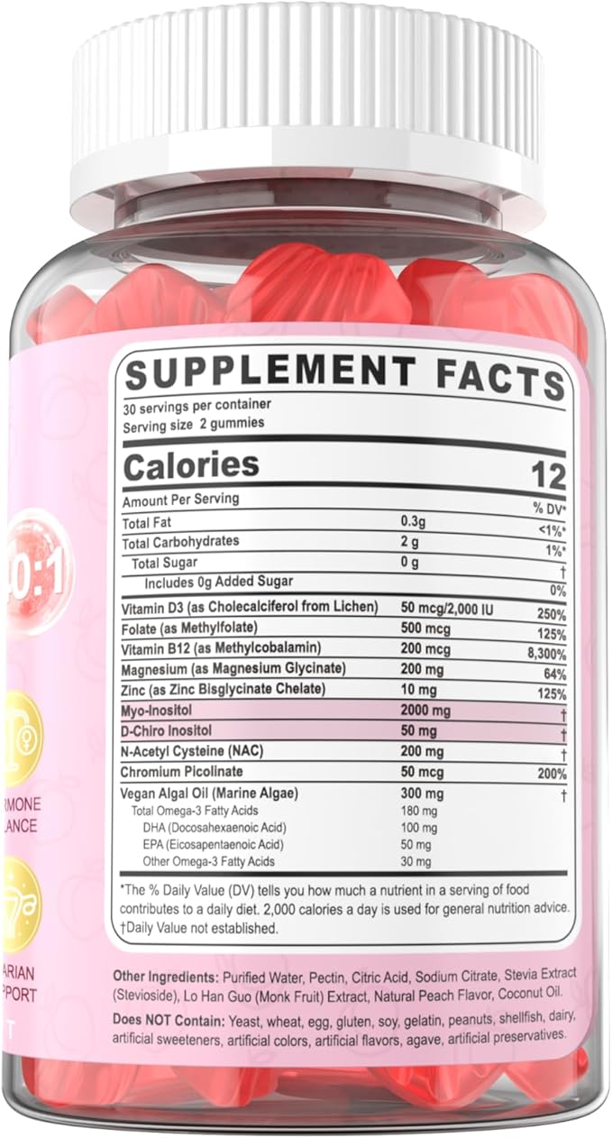 Myo-Inositol &amp D-Chiro Inositol Gummies for Women 2000mg + 50mg 40:1 Ratio Inositol with Vegan Omega-3 + D3 Magnesium Glycinate Methyl Folate + B12 for Female Health &amp Wellness Sugar Free