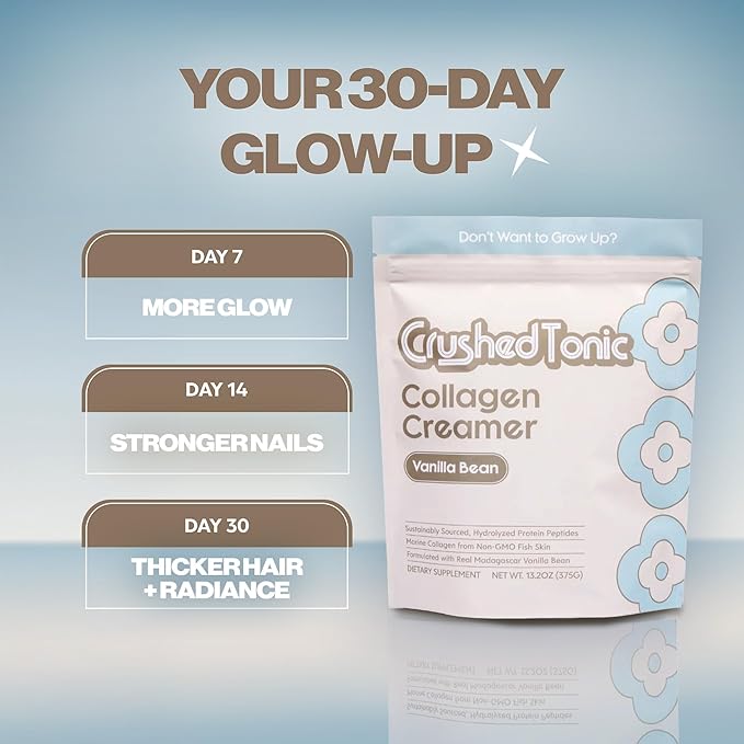 Crushed Tonic Bovine Collagen Powder Korean Beauty Drink with Hydrolyzed Collagen Peptides for Skin Hair &amp Nails | Gluten-Free Halal &amp Kosher (Vanilla bean 30 Servings Pouch)